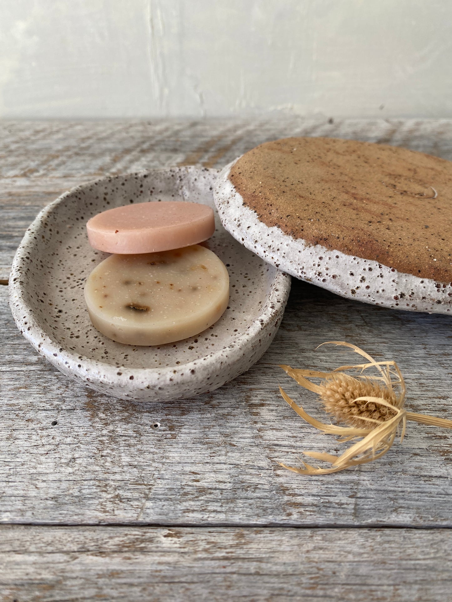 Ceramic soap dish, plate and two handmade soaps 45-22