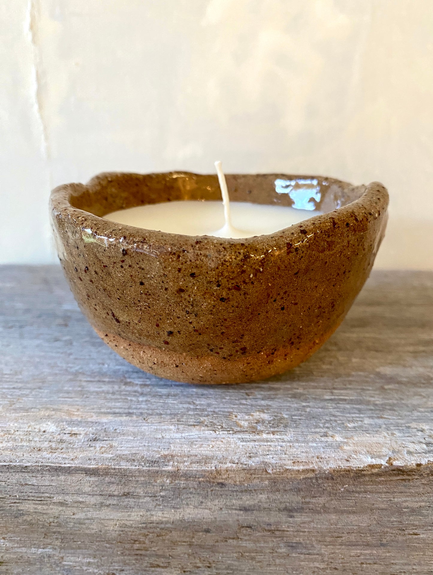 Candle in handmade rustic raw & clear-glazed bowl - Hand poured Unscented Soy Wax 13-38