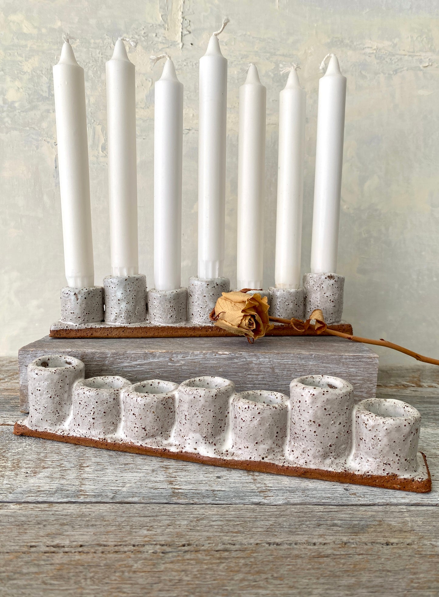 Handmade 7-cup Candle stick holder/Candelabra - rustic white with speckles 45-16