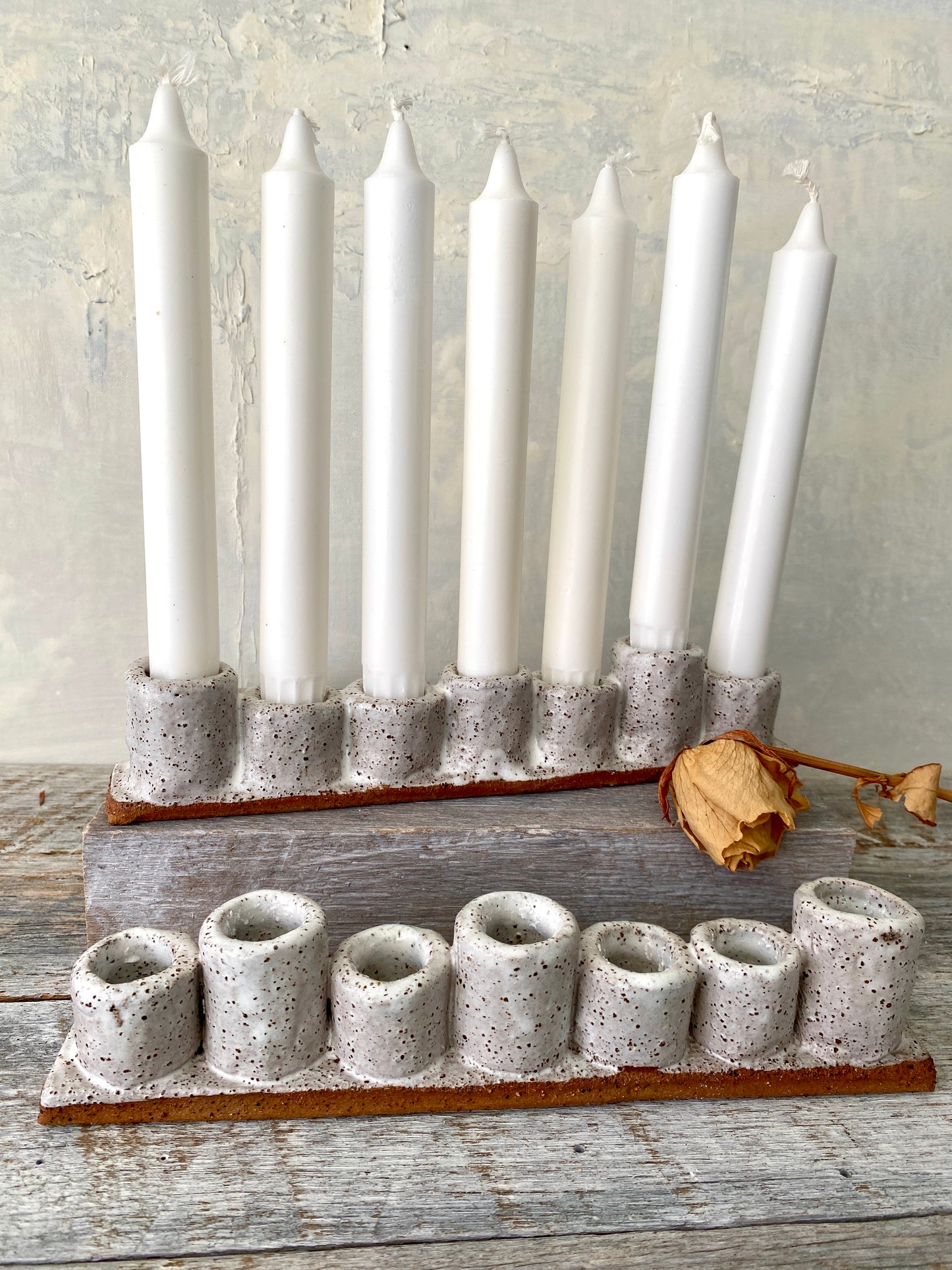 Handmade 7-cup Candle stick holder/Candelabra - rustic white with speckles 45-16