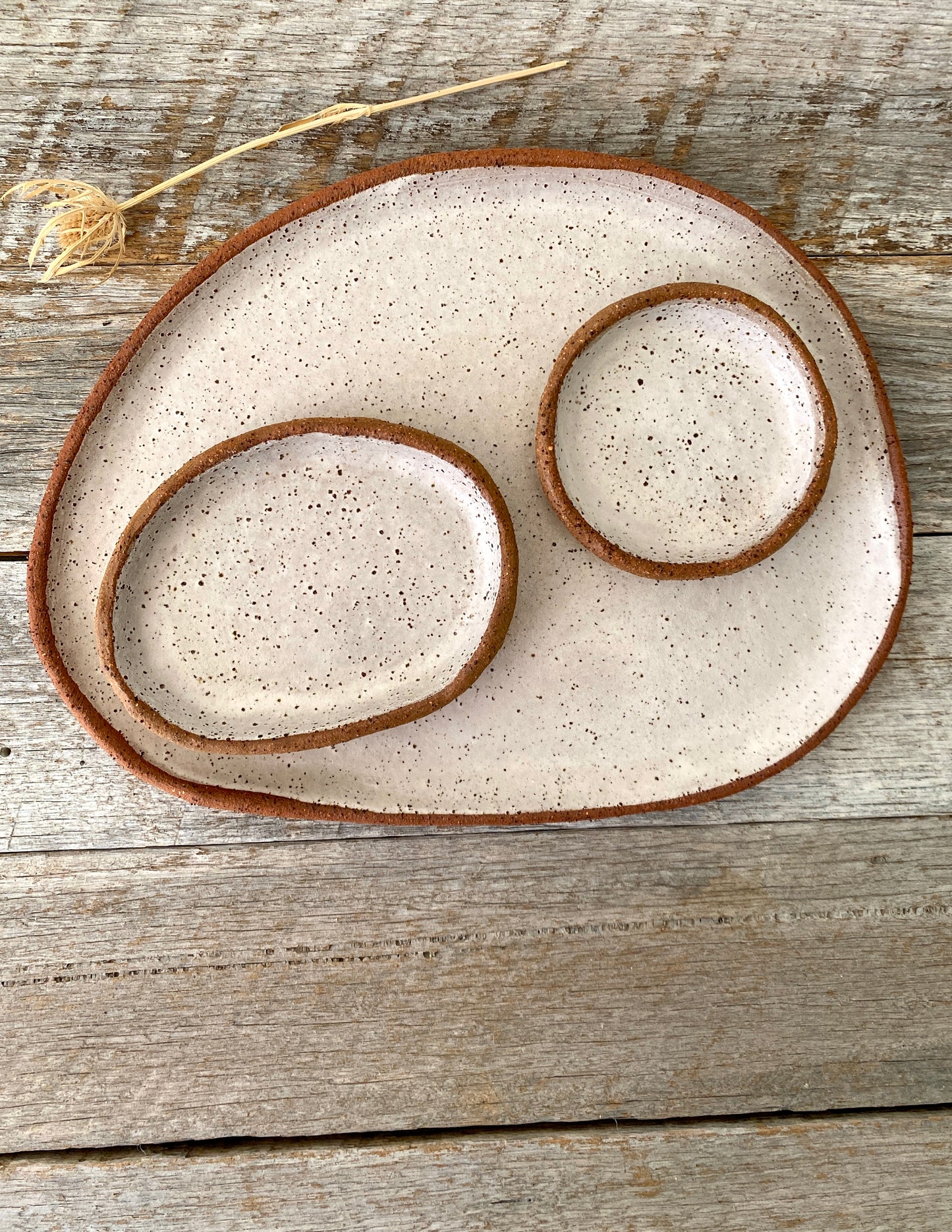 Asymmetric Serving Platter with 2 small dishes - Medium Sized - Handmade & Rustic - White with speckles 45-14 - Only 1 available
