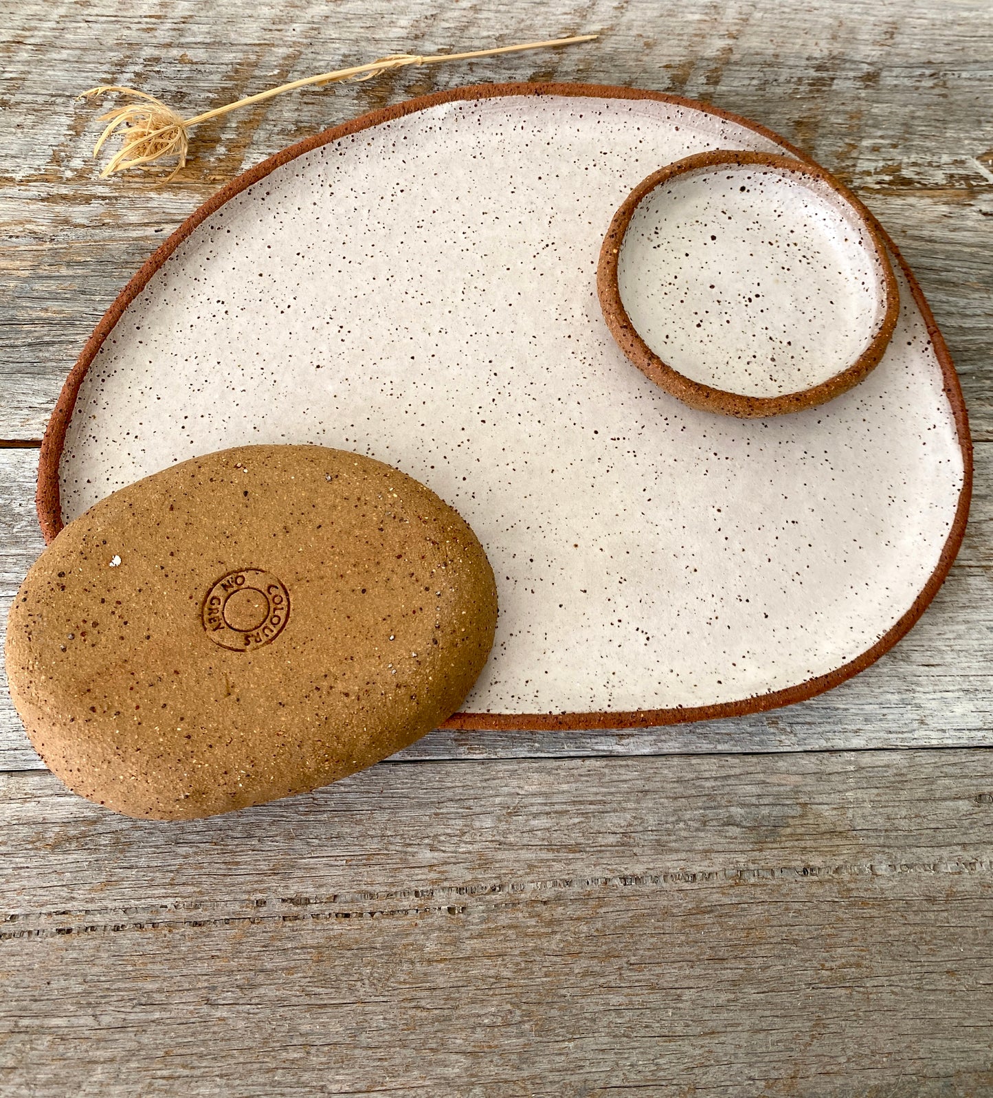 Asymmetric Serving Platter with 2 small dishes - Medium Sized - Handmade & Rustic - White with speckles 45-14 - Only 1 available