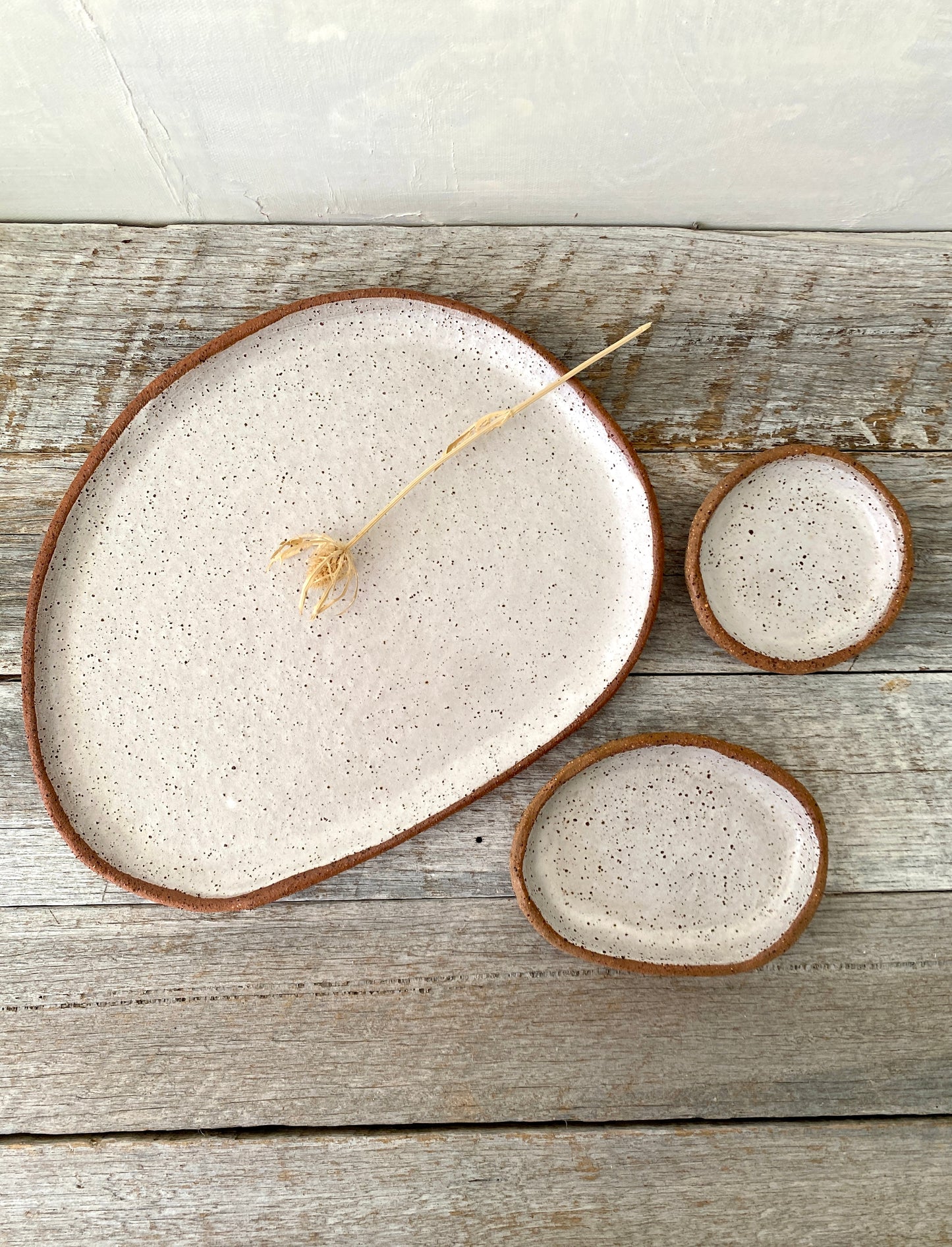 Asymmetric Serving Platter with 2 small dishes - Medium Sized - Handmade & Rustic - White with speckles 45-14 - Only 1 available