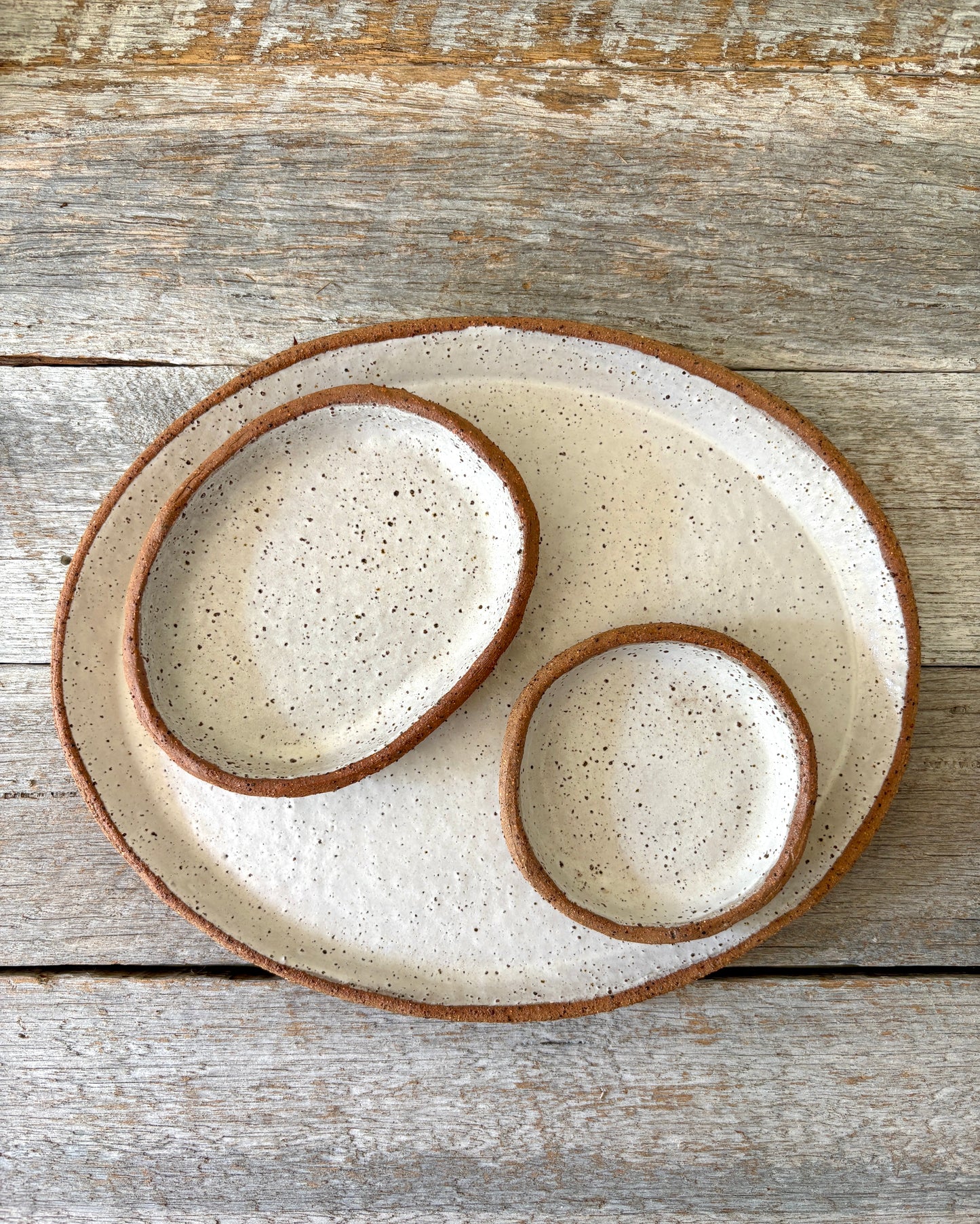 Oval shaped Serving Platter with 2 small dishes - Medium size - Rustic with White glaze 25-04 - Only 1 available