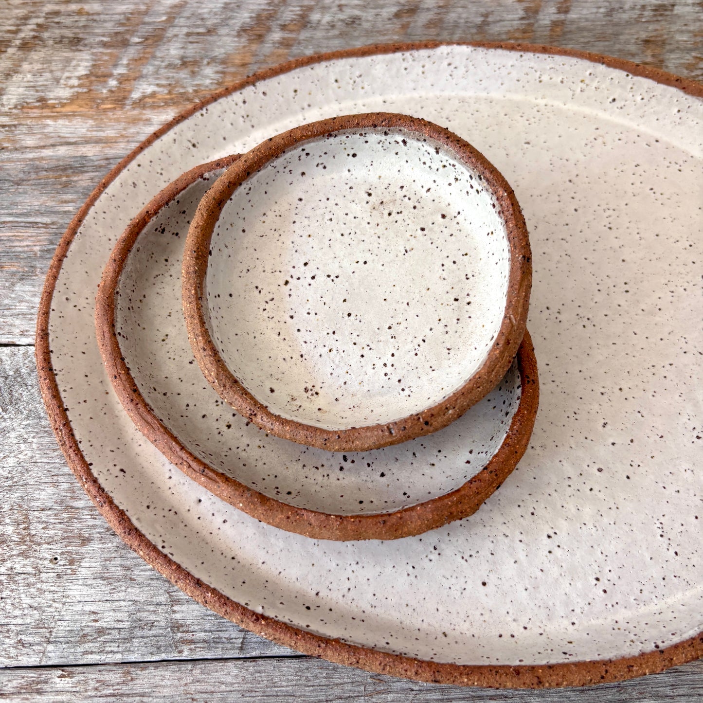 Oval shaped Serving Platter with 2 small dishes - Medium size - Rustic with White glaze 25-04 - Only 1 available