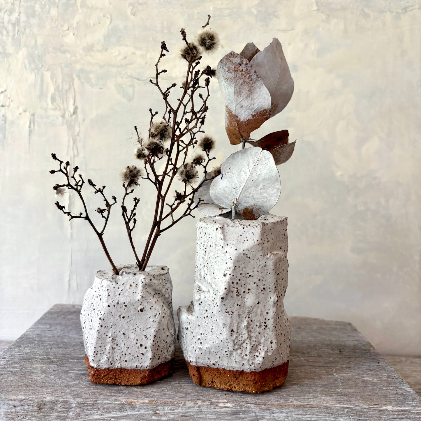 Two handmade Vases - Rustic Design  - White with Speckles