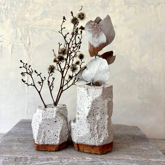 Two handmade Vases - Rustic Design  - White with Speckles