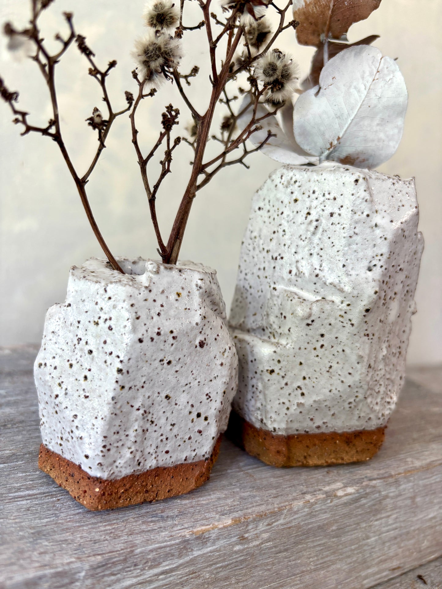 Two handmade Vases - Rustic Design  - White with Speckles