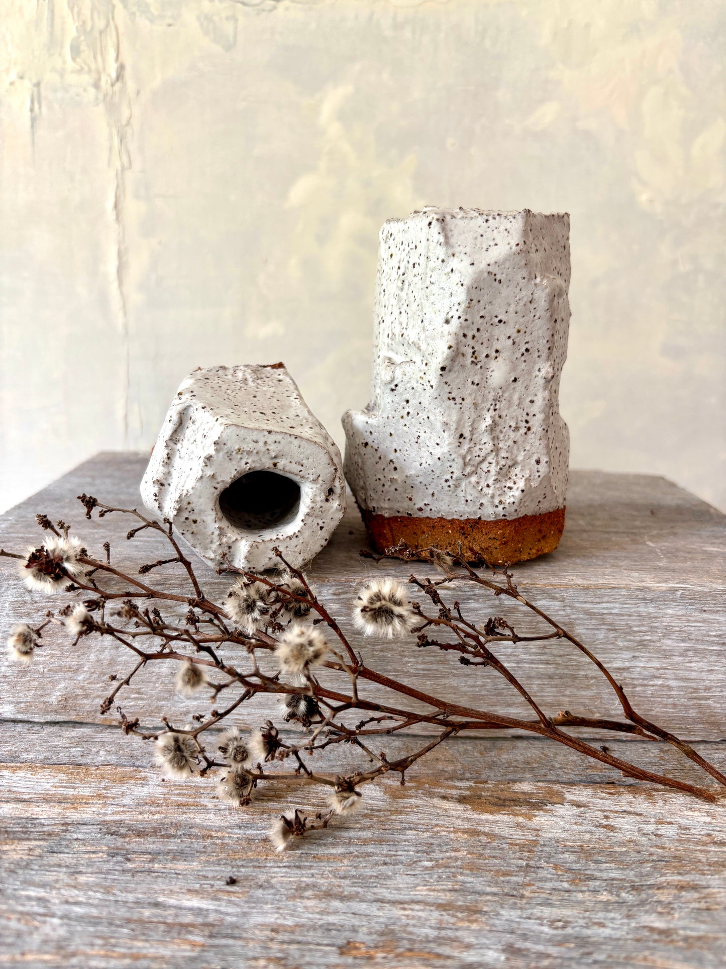 Two handmade Vases - Rustic Design  - White with Speckles