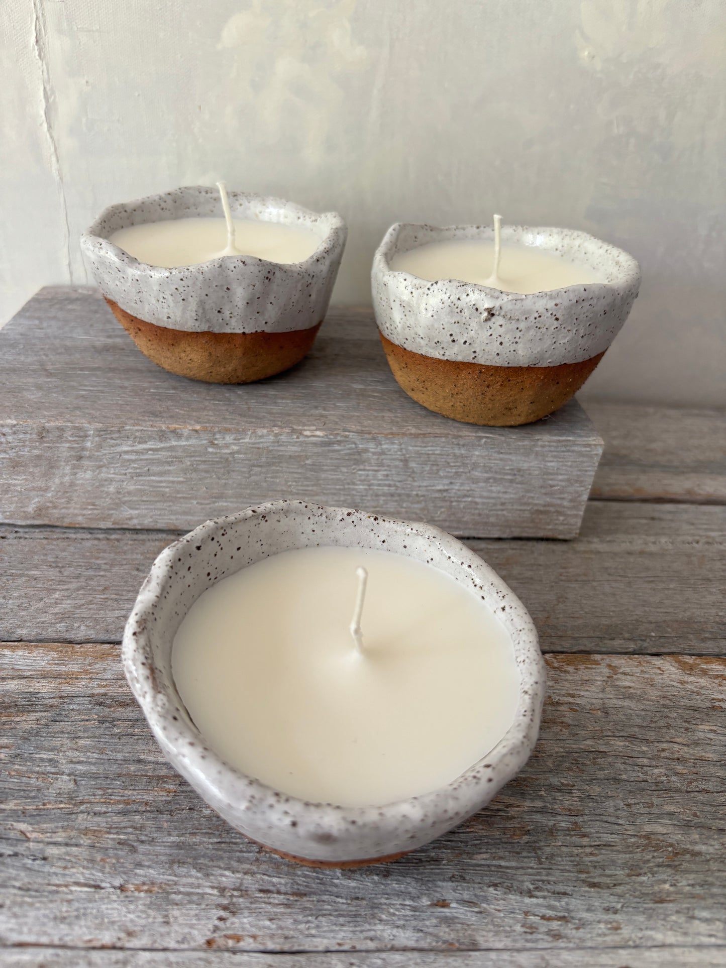 Candle in handmade rustic white glazed bowl - Hand poured Unscented Soy Wax 13-39
