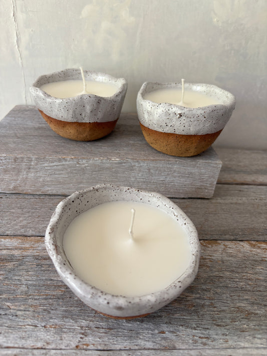 Candle in handmade rustic white glazed bowl - Hand poured Unscented Soy Wax 13-39