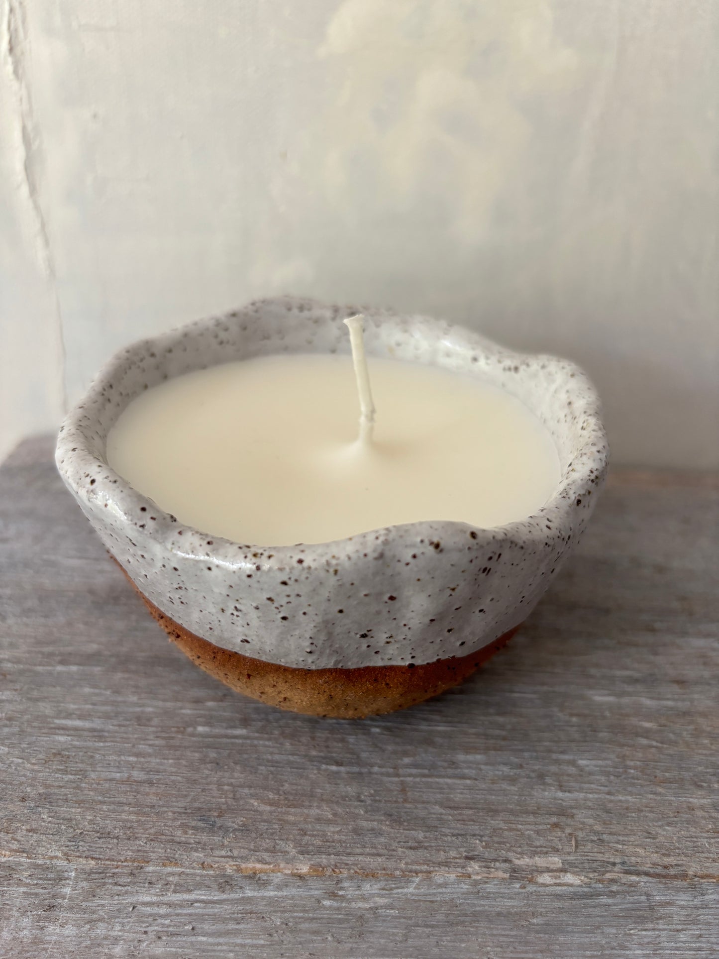 Candle in handmade rustic white glazed bowl - Hand poured Unscented Soy Wax 13-39