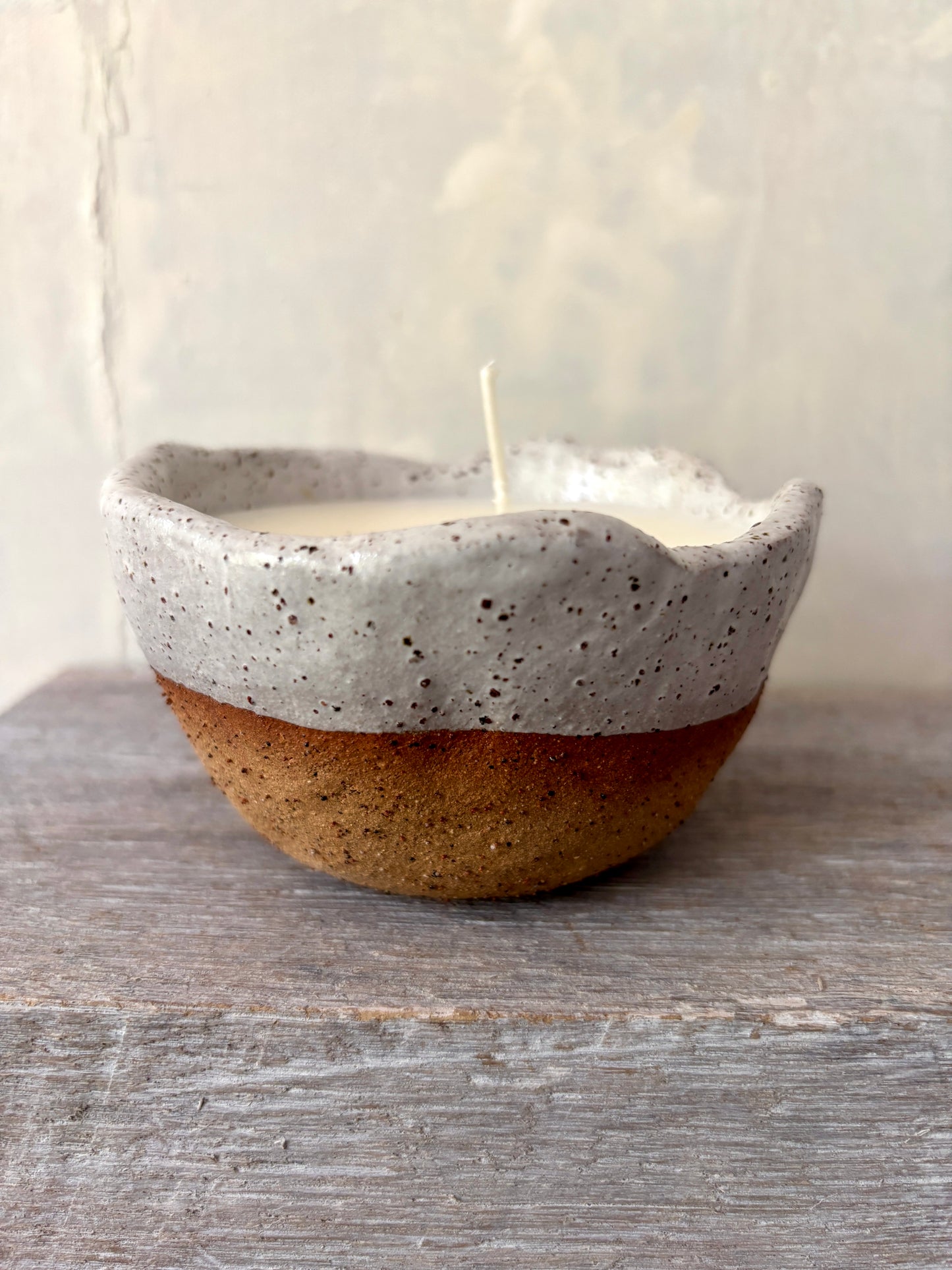 Candle in handmade rustic white glazed bowl - Hand poured Unscented Soy Wax 13-39