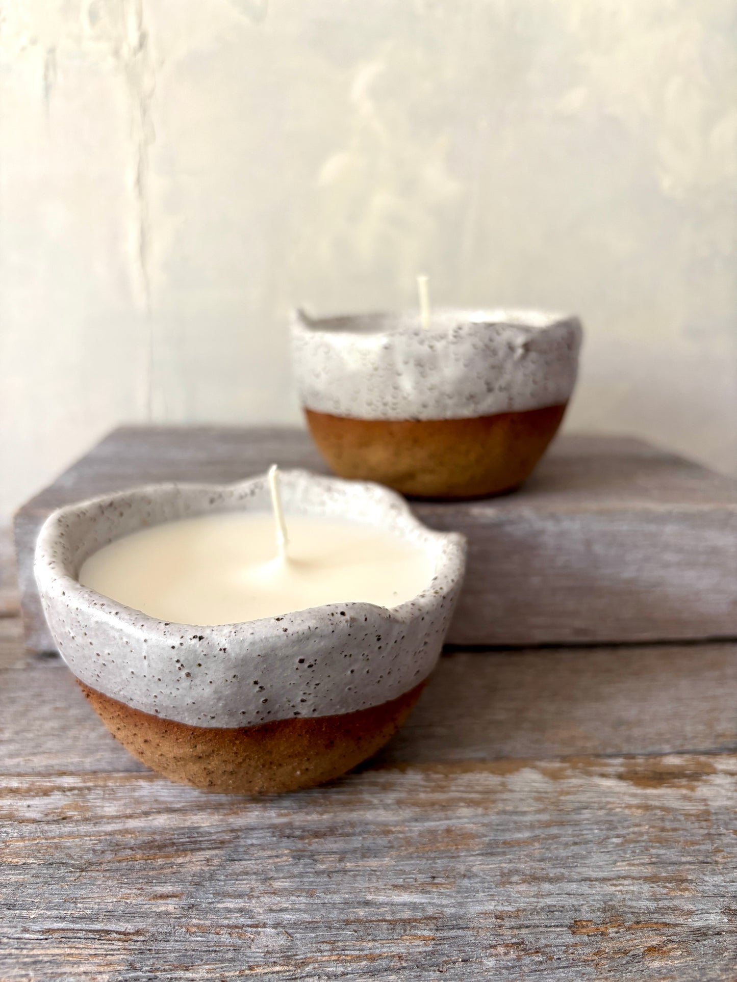 Candle in handmade rustic white glazed bowl - Hand poured Unscented Soy Wax 13-39