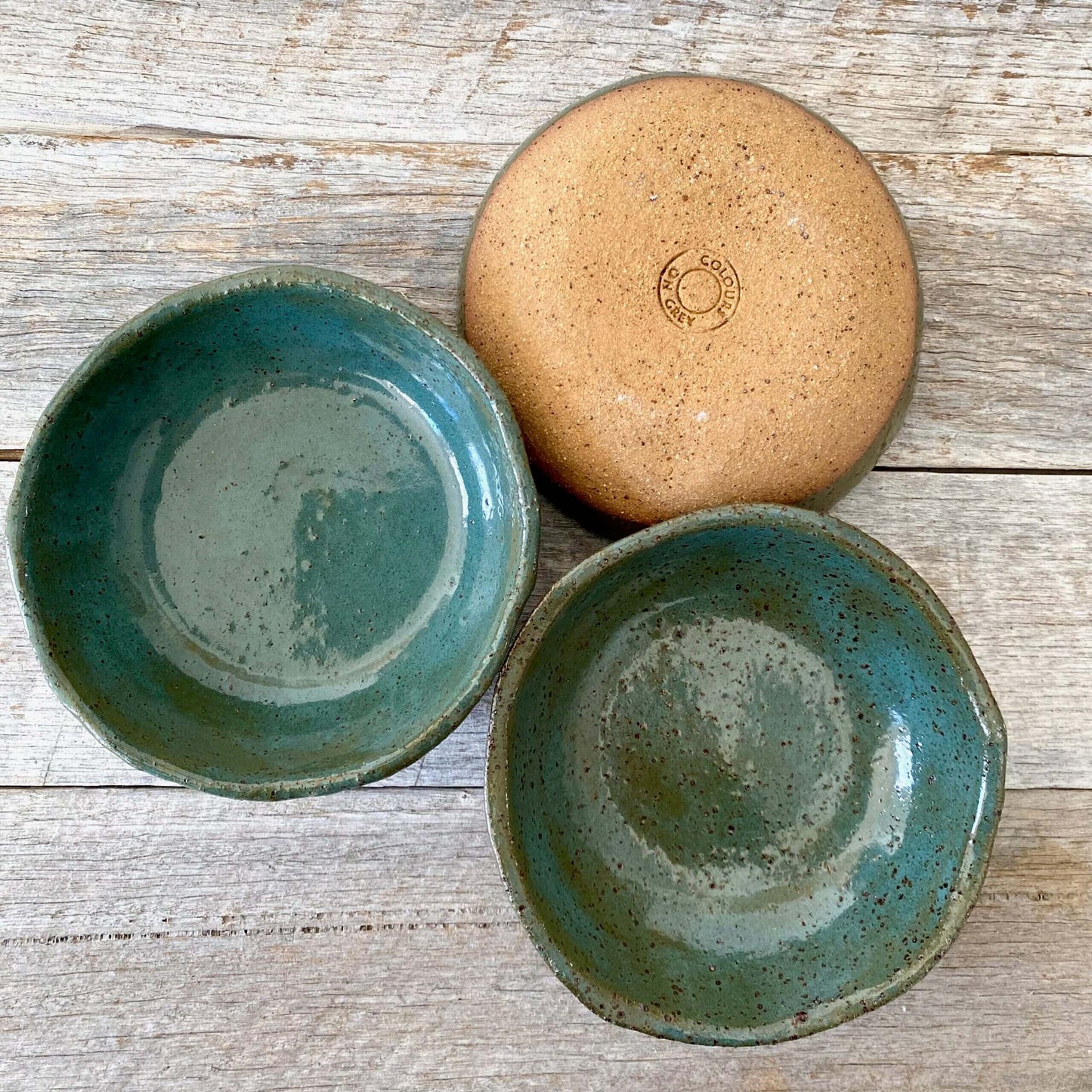 Bowl in teal green - hand made with uneven rim - Rustic clay with speckles - 15-4