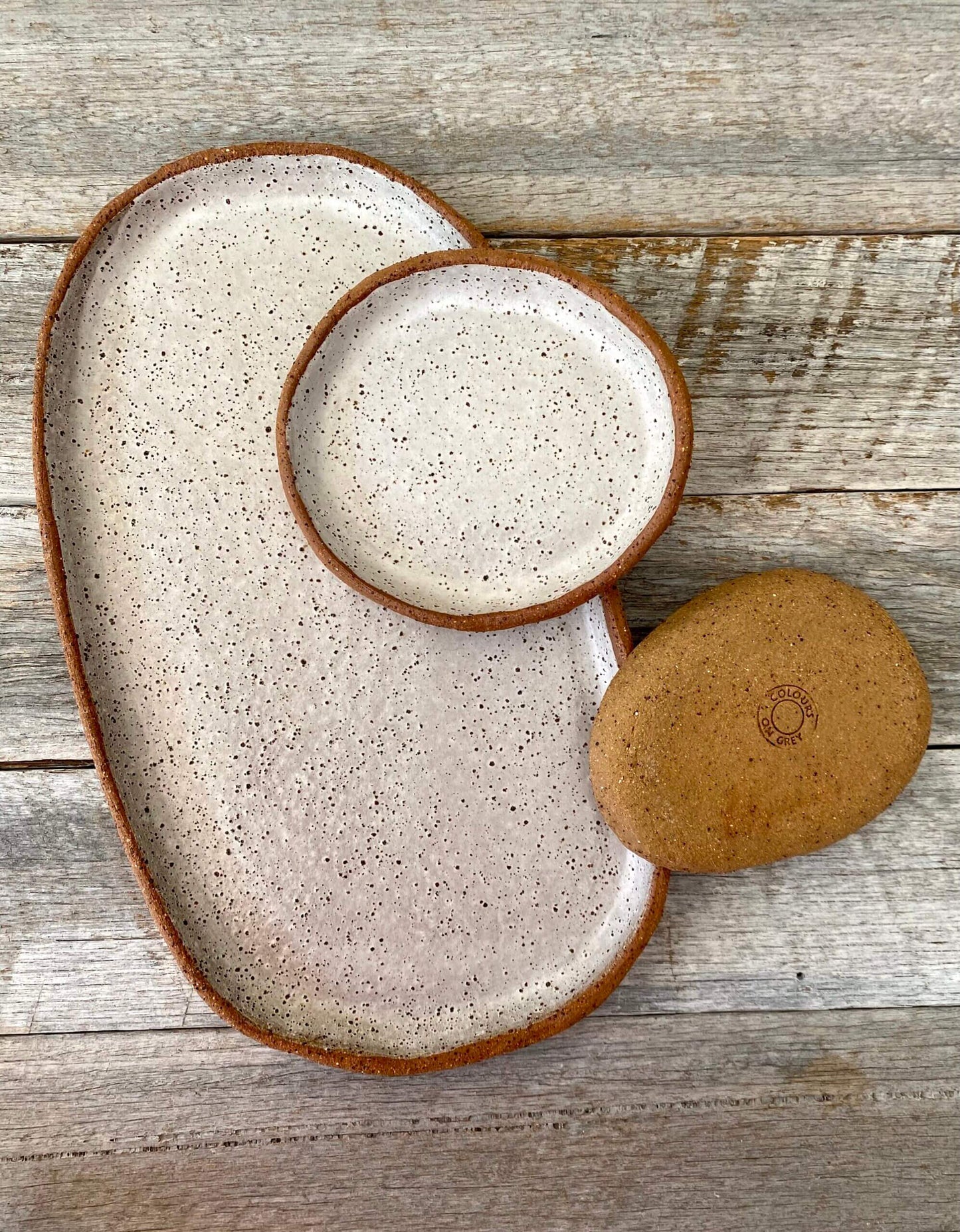 Handmade Oval Shaped Serving Set of 3 - Rustic Clay White with speckles 10-17