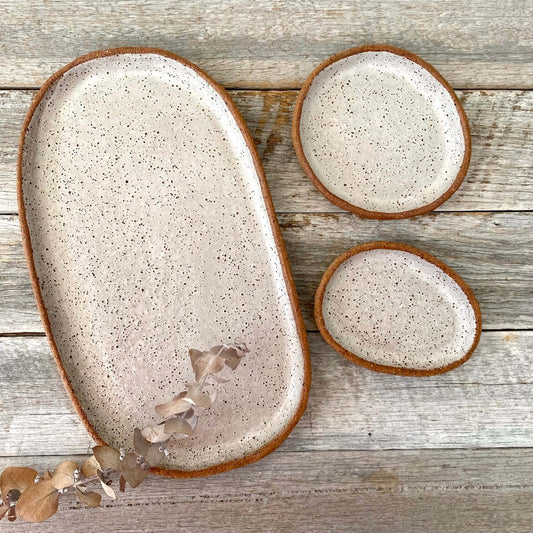 Handmade Oval Shaped Serving Set of 3 - Rustic Clay White with speckles 10-17