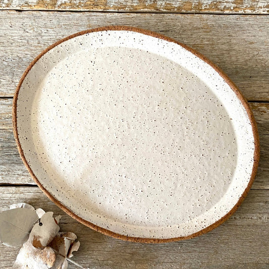 Oval Plate. Handmade pottery, rustic ceramic, speckled clay with white glaze, nordic inspired design. Made by Colours on Grey