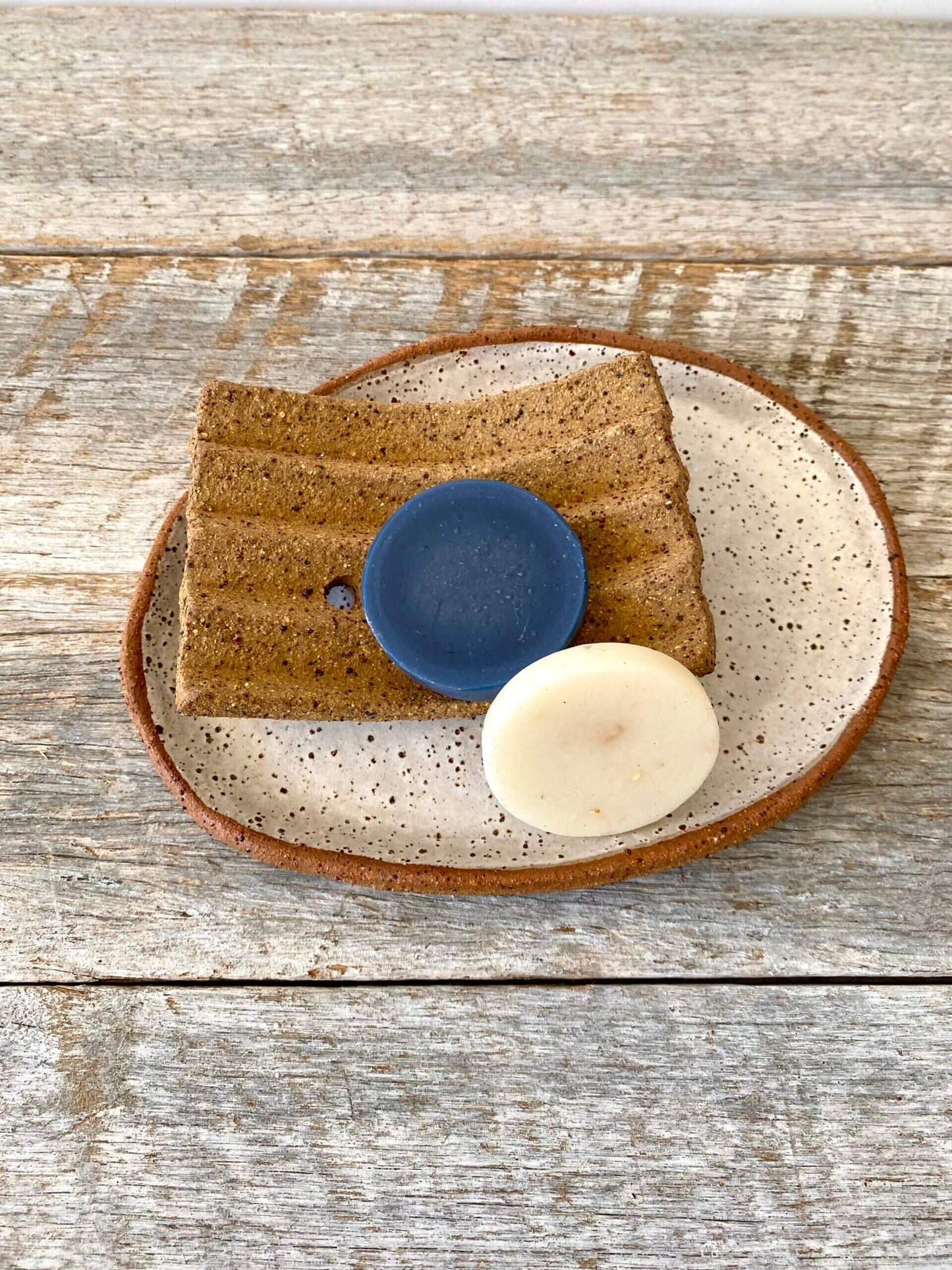 Oval shaped small plate - Hand formed - Rustic clay with speckles and white glaze 8-03