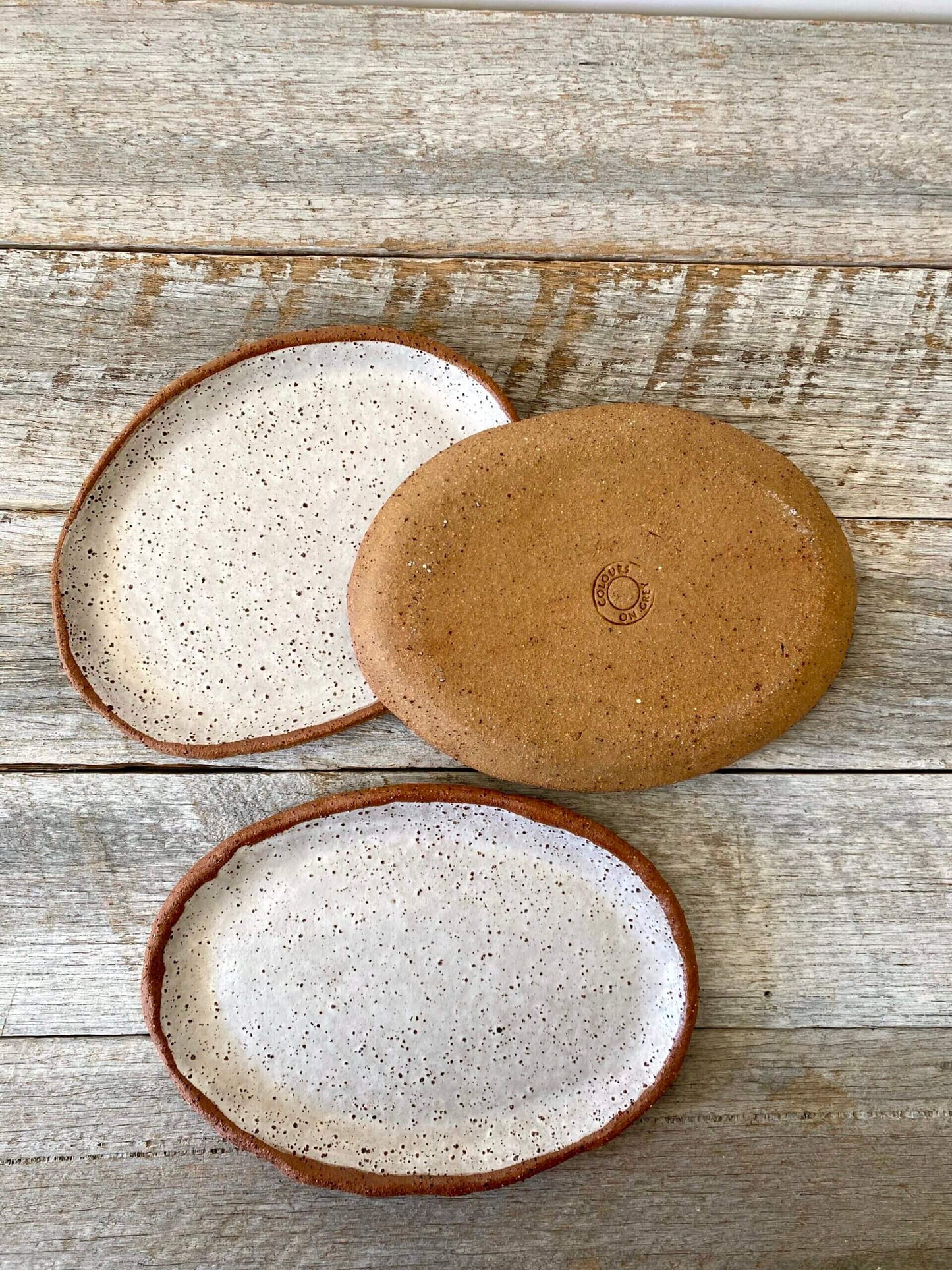 Oval shaped small plate - Hand formed - Rustic clay with speckles and white glaze 8-03