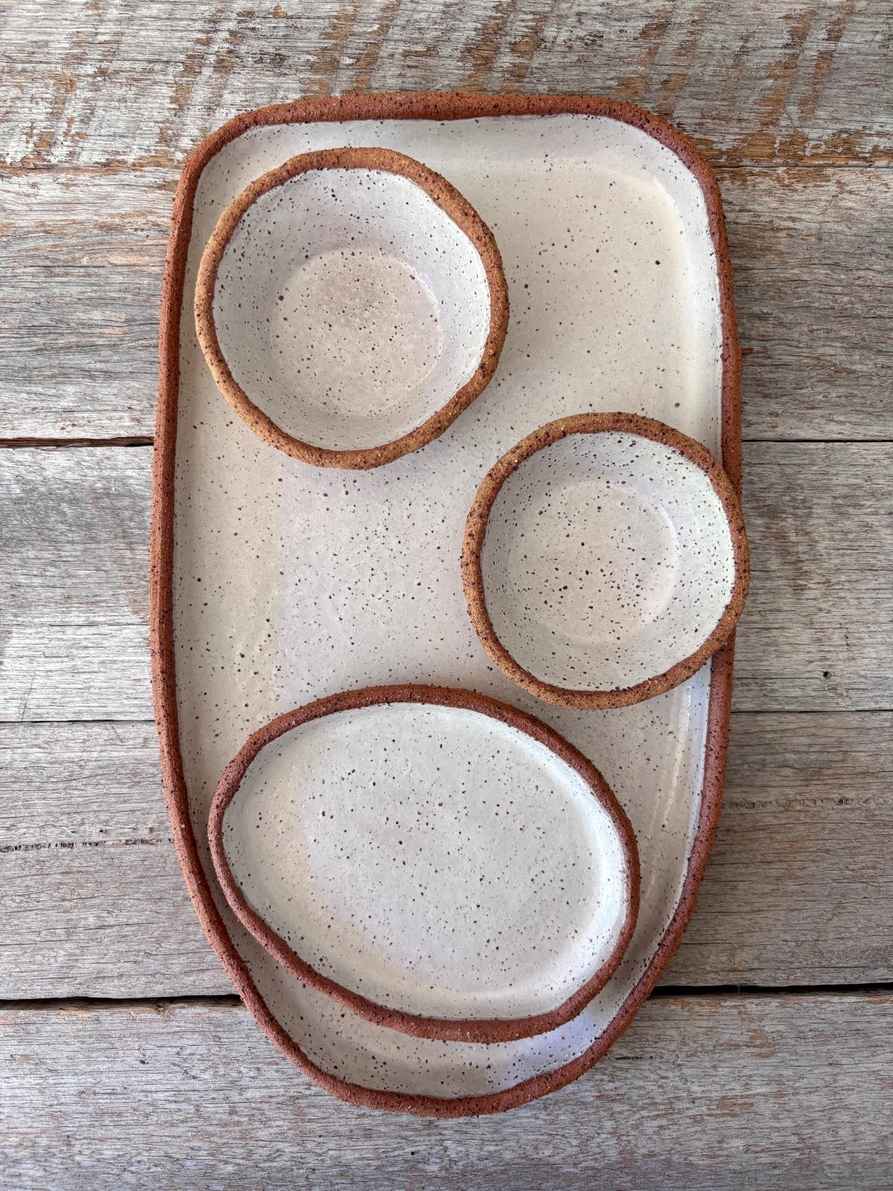 Handmade Large Serving Set with dish and bowls - Rustic Clay White with speckles 45-17 - Only 1 available