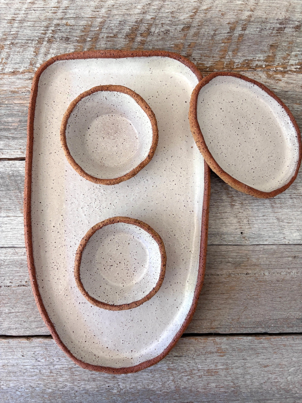 Handmade Large Serving Set with dish and bowls - Rustic Clay White with speckles 45-17 - Only 1 available