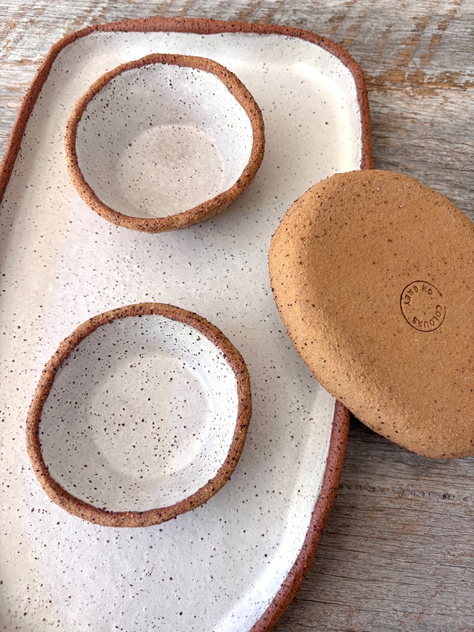 Handmade Large Serving Set with dish and bowls - Rustic Clay White with speckles 45-17 - Only 1 available