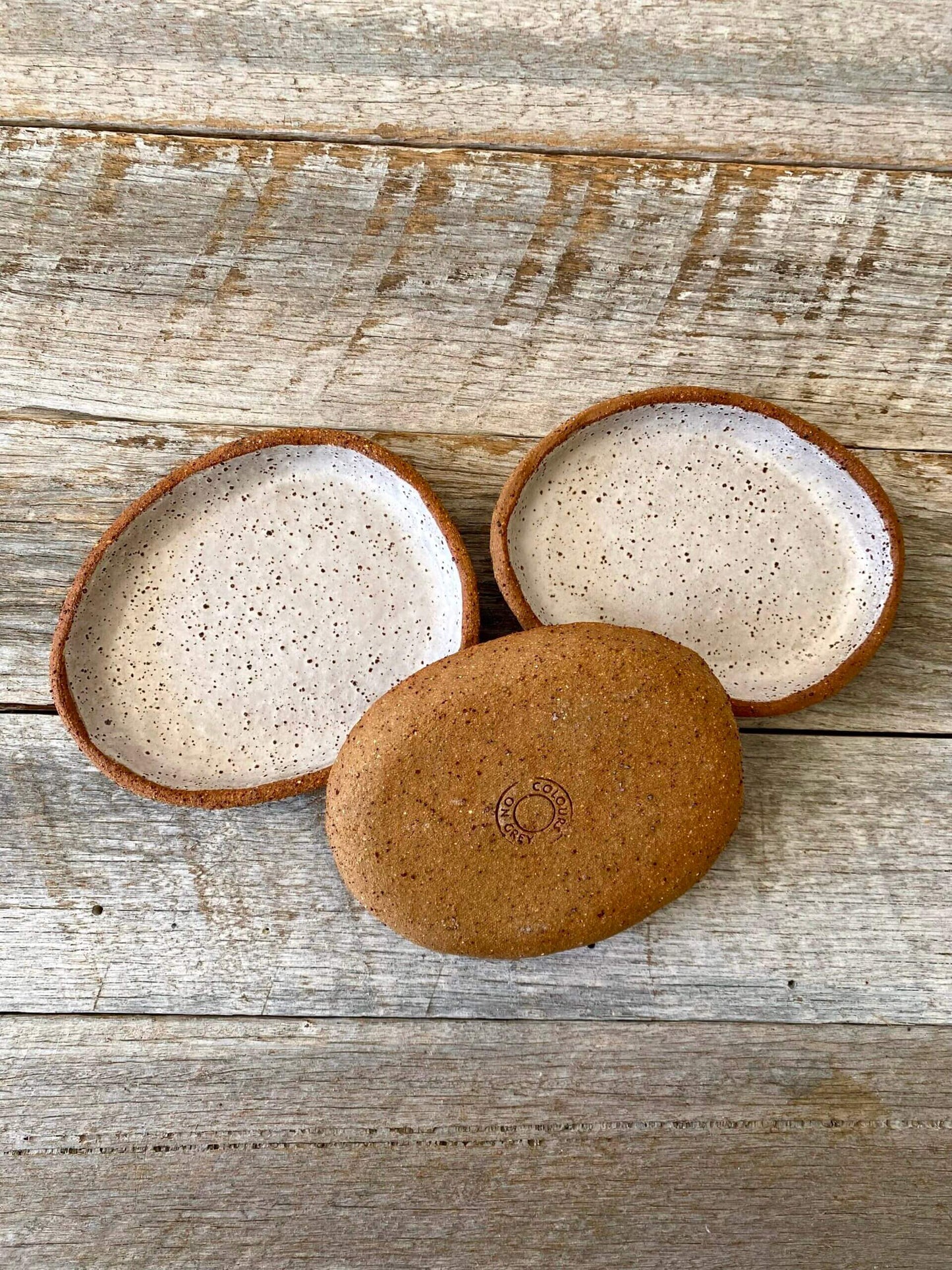 Set of 3 small handmade serving dishes - Rustic Clay - White with speckles 8-04