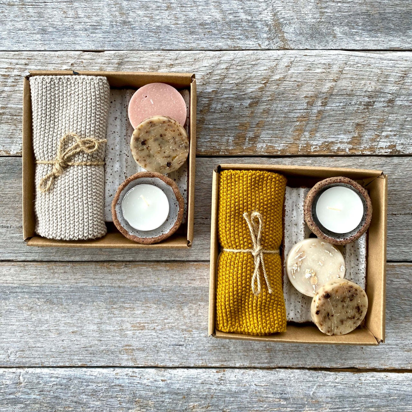 THE PERFECT GIFT-Ceramic soap dish with 2 handmade soaps, tea light candle holder with candle and a 100% organic cotton Face-washer 31-1