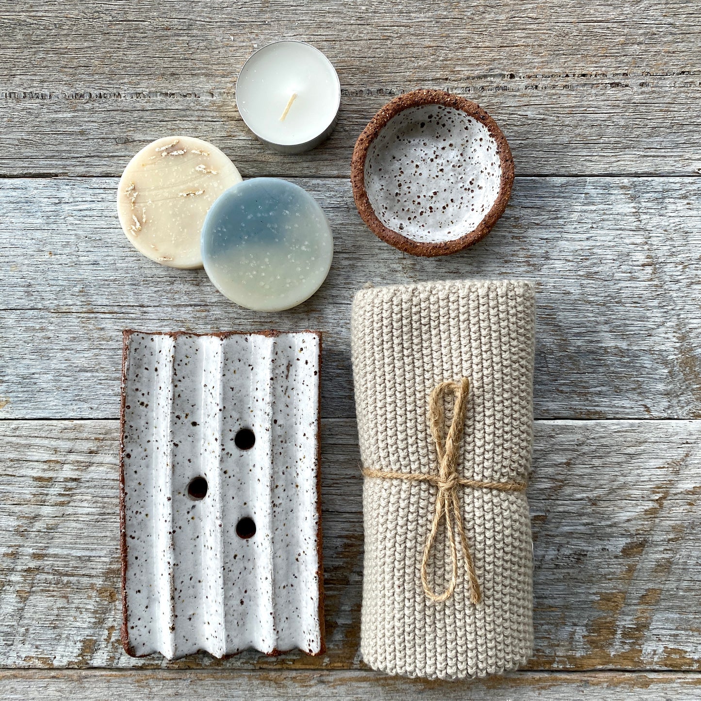 Bathroom 'Hygge' Set | Soap Dish | Tea Light Holder | Face Washer (green)
