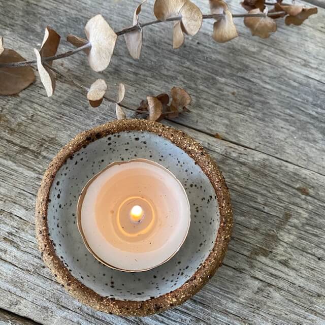 Hand formed Tiny Tea light Holder with speckled white glaze 13-4