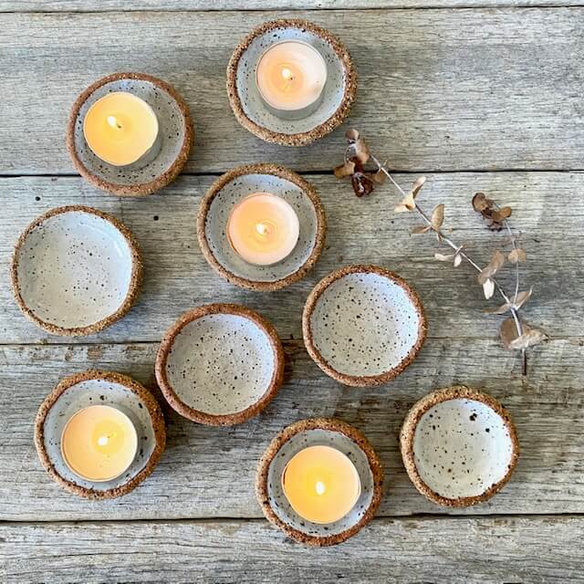 Hand formed Tiny Tea light Holder with speckled white glaze 13-4